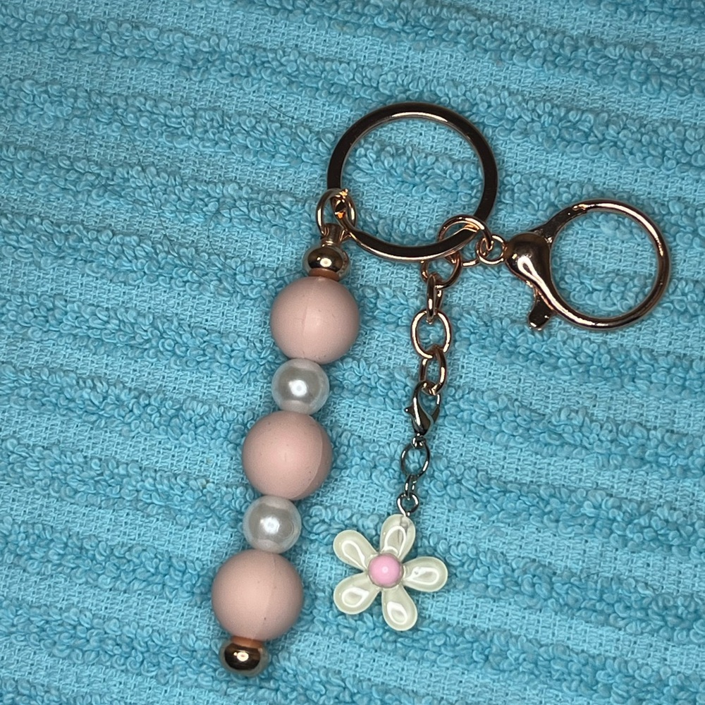 Pink and Gold Beaded Keychain with Flower Charm